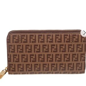 Fendi Brown Zucchino Pattern Coated Canvas Wallet Zip Around Continental Wallet